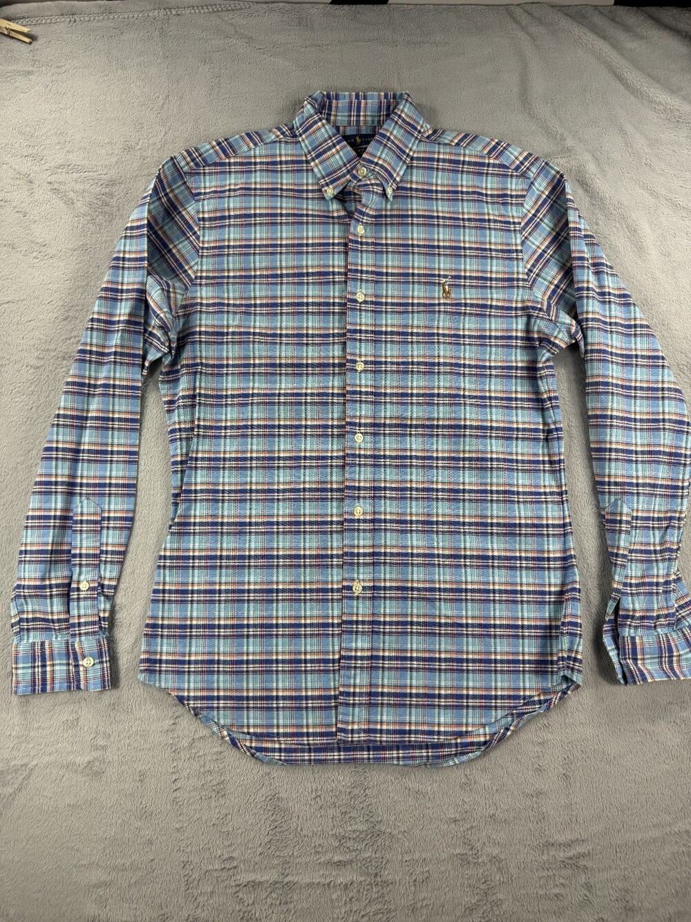 Ralph Lauren Mens Medium Slim Fit Stretch Oxford Plaid Button Down Shirt Blue